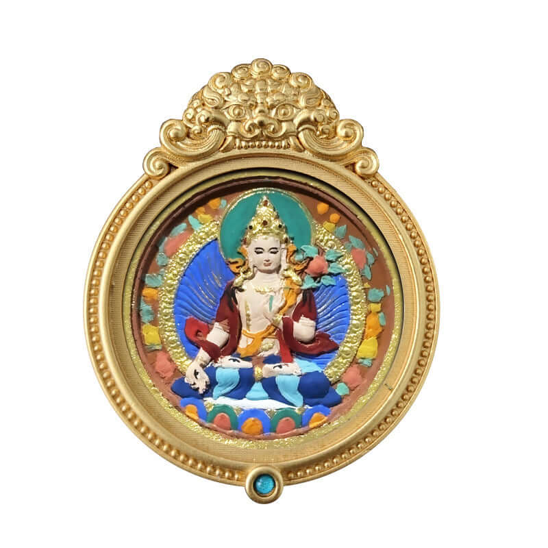 ZenHima Hand-painted Zakiram White Tara Mahasthamaprapta Yellow Wealth Rubbing Thangka Pendant - ZENHIMA