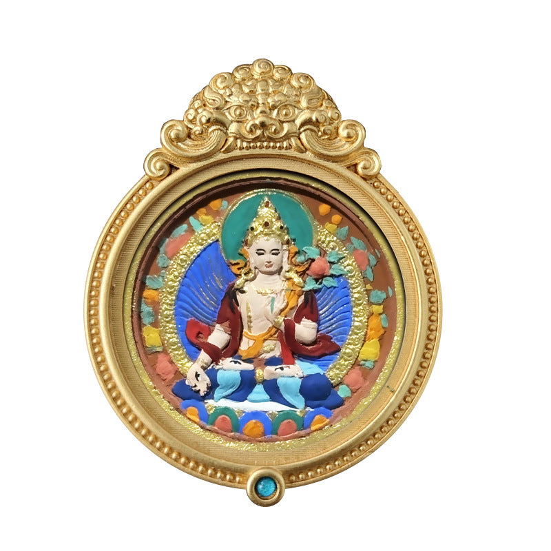 ZenHima Hand-painted Zakiram White Tara Mahasthamaprapta Yellow Wealth Rubbing Thangka Pendant - ZENHIMA