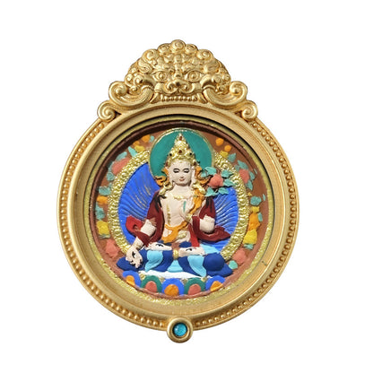 ZenHima Hand-painted Zakiram White Tara Mahasthamaprapta Yellow Wealth Rubbing Thangka Pendant - ZENHIMA