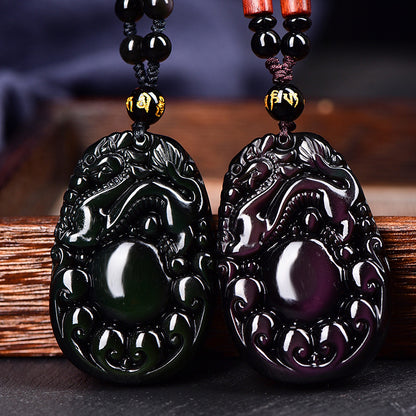 Natural Rainbow Eye Obsidian Dragon Ball Pixiu Pendant Necklace for Men and Women Vintage Trendy - ZENHIMA