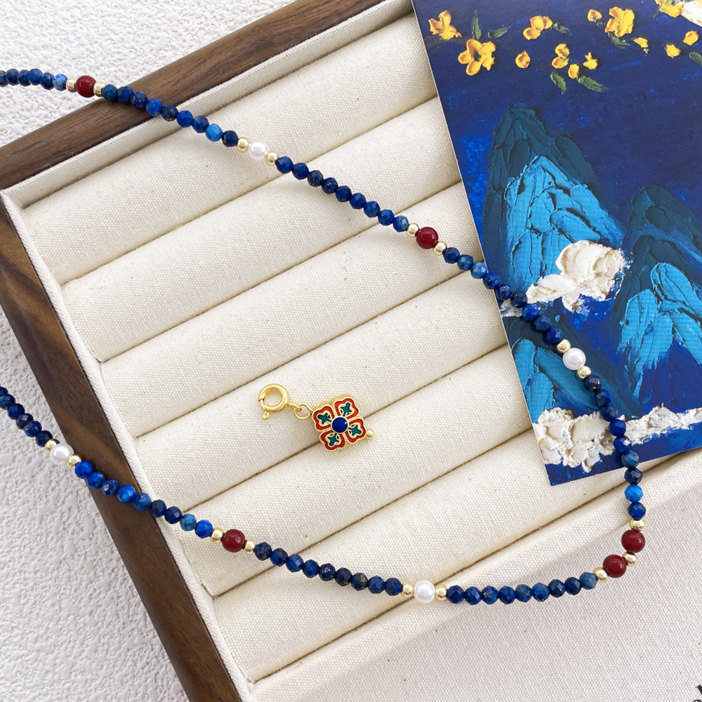 Natural Stone Handmade Collarbone Chain Lapis Lazuli Beaded Necklace
