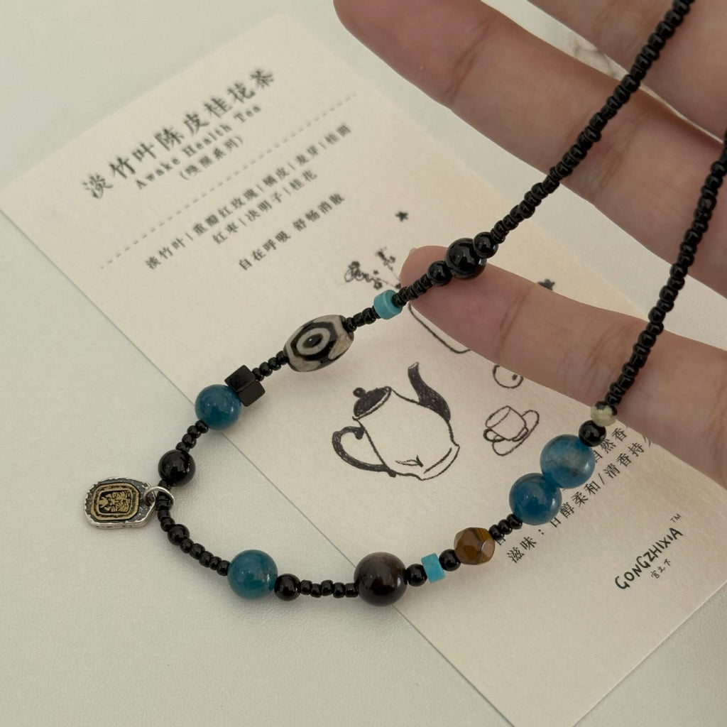 Tibetan S925 Silver Jachiram Pendant Necklace with Apatite, Black Agate and Dzi Beads - ZENHIMA