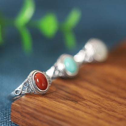 ZenHima 925 Sterling Silver Red Agate and Turquoise Adjustable Vintage Tibetan Ring - ZENHIMA