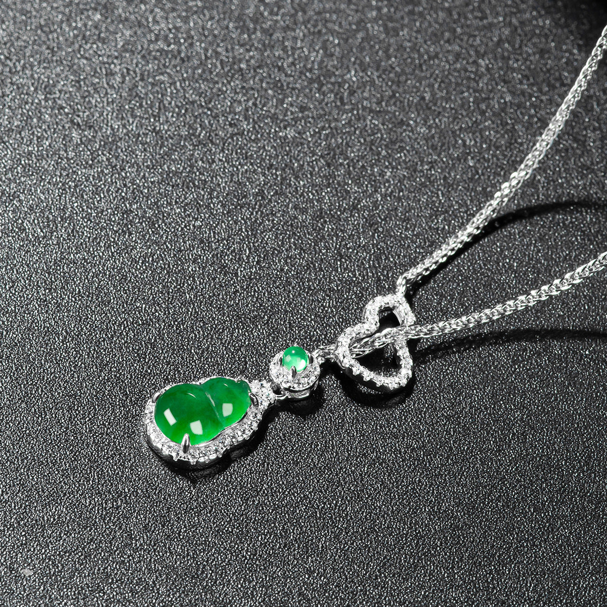ZenHima Natural Jadeite Gourd Pendant – Vivid Green, S925 Silver Inlaid Ice Jade - ZENHIMA