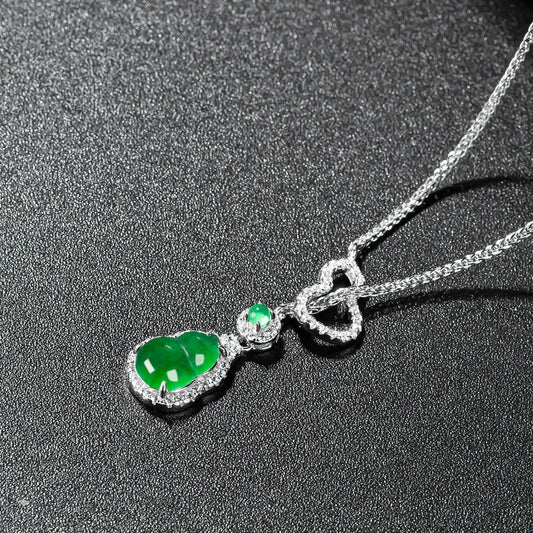 ZenHima Natural Jadeite Gourd Pendant – Vivid Green, S925 Silver Inlaid Ice Jade - ZENHIMA