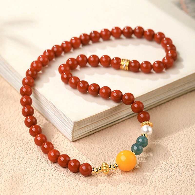 Natural Nanhong Agate Double-Strand Bracelet with Amber & Blue Jade Fortune Beads - ZENHIMA