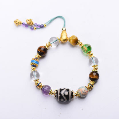 Original Design Dzi Bead Multi-Gem Bracelet with Amethyst Tiger Eye Stone