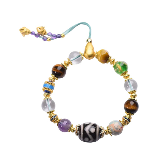 Original Design Dzi Bead Multi-Gem Bracelet with Amethyst Tiger Eye Stone