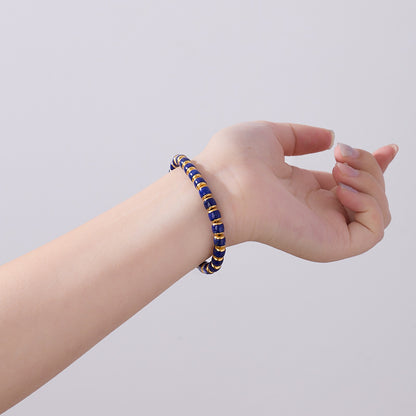 Natural Lapis Lazuli Barrel Bead Bracelet S925 Silver Straight Cut Tablet