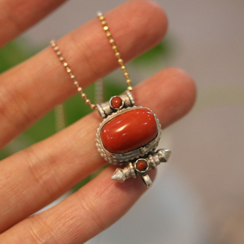 Tibetan Handmade Gau Box Pendant Necklace with Turquoise, Ruby and Silver - ZENHIMA
