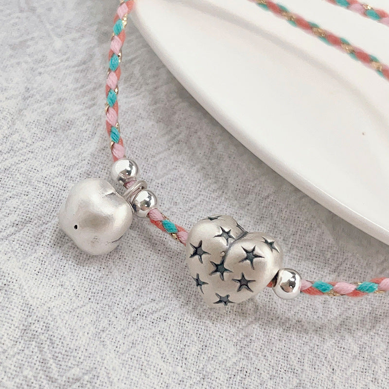 925 Silver Yuanbao Bracelet – Colorful Persimmon Orange Braided Stretch Bracelet