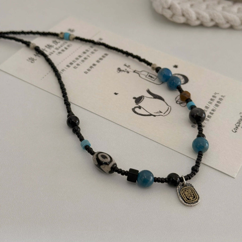Tibetan S925 Silver Jachiram Pendant Necklace with Apatite, Black Agate and Dzi Beads - ZENHIMA