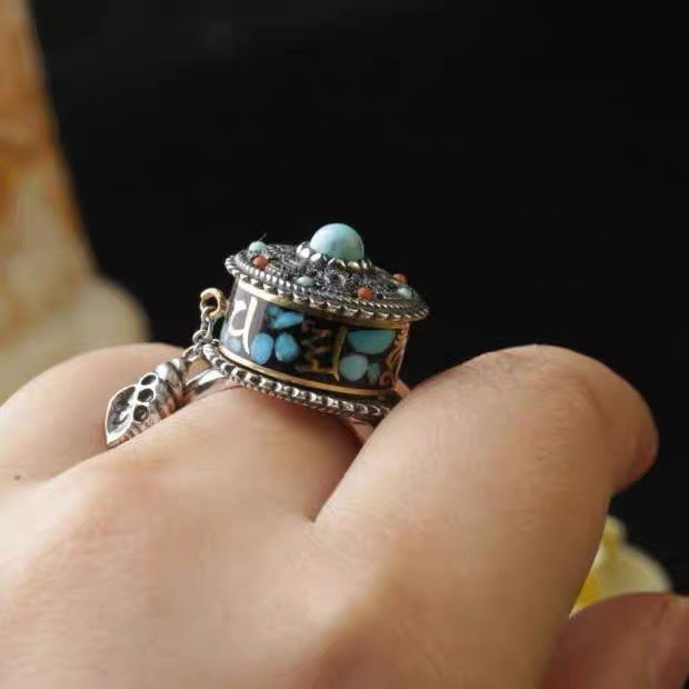 ZenHima Vintage Ethnic Six-Word Mantra Prayer Wheel Silver Ring - ZENHIMA