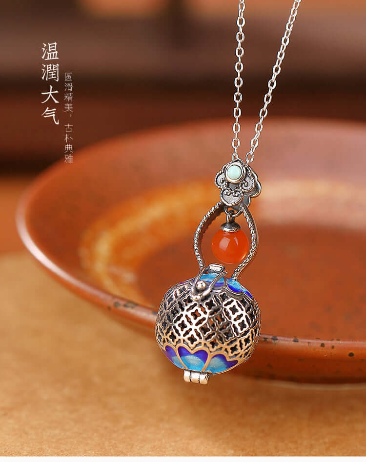 S925 Sterling Silver Hollow Gourd Amulet Pendant with Red Agate and Turquoise - ZENHIMA