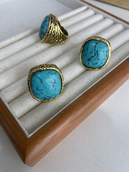 Turquoise and Pink Stone Vintage-Style Gem Ring - ZENHIMA