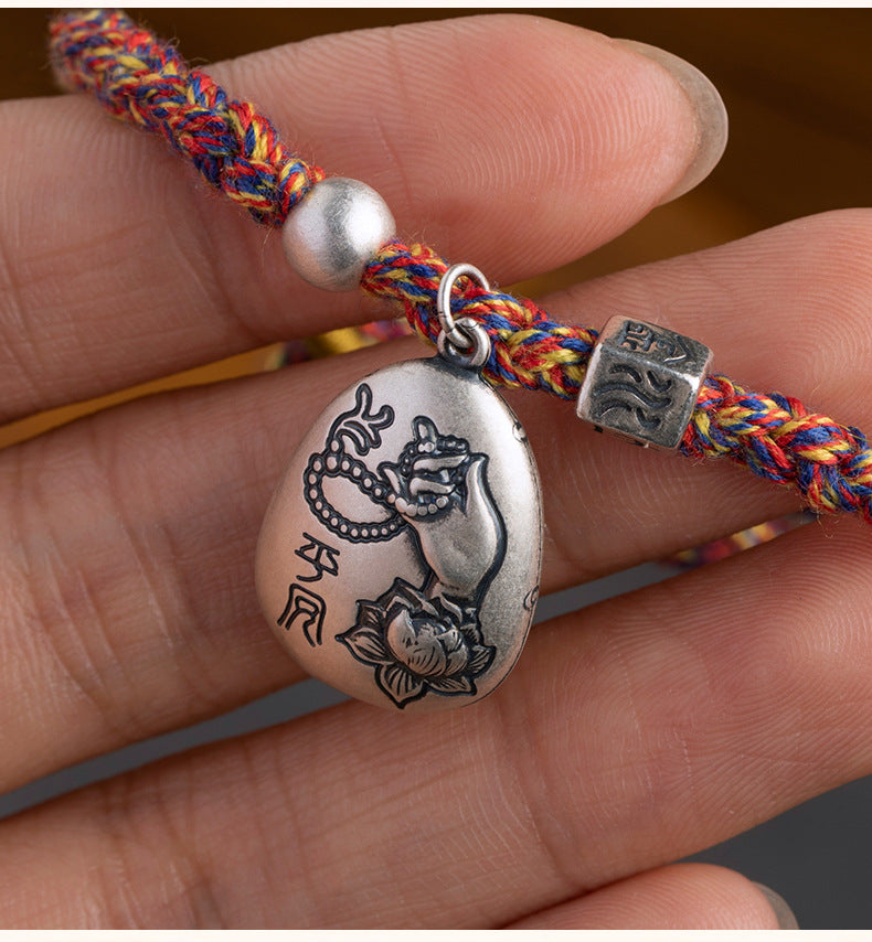 Tibetan 925 Sterling Silver Five-Color Lotus Red String Bracelet - ZENHIMA