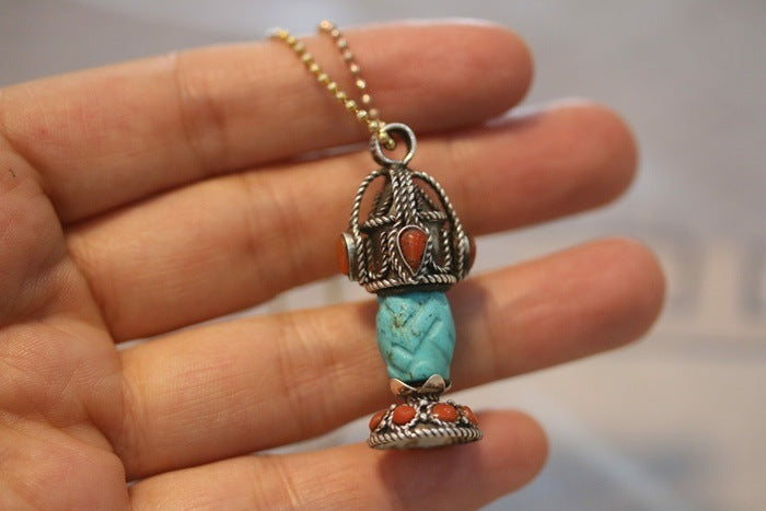 Tibetan Handmade Gau Box Pendant Necklace with Turquoise, Ruby and Silver - ZENHIMA