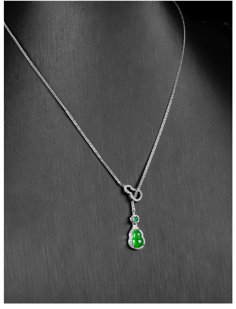 ZenHima Natural Jadeite Gourd Pendant – Vivid Green, S925 Silver Inlaid Ice Jade - ZENHIMA