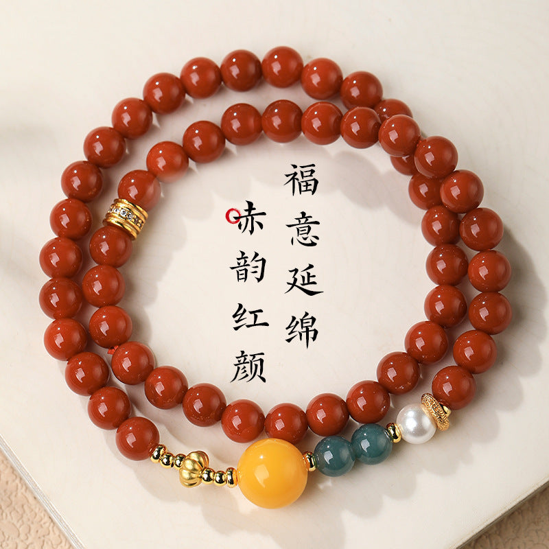 Natural Nanhong Agate Double-Strand Bracelet with Amber & Blue Jade Fortune Beads - ZENHIMA