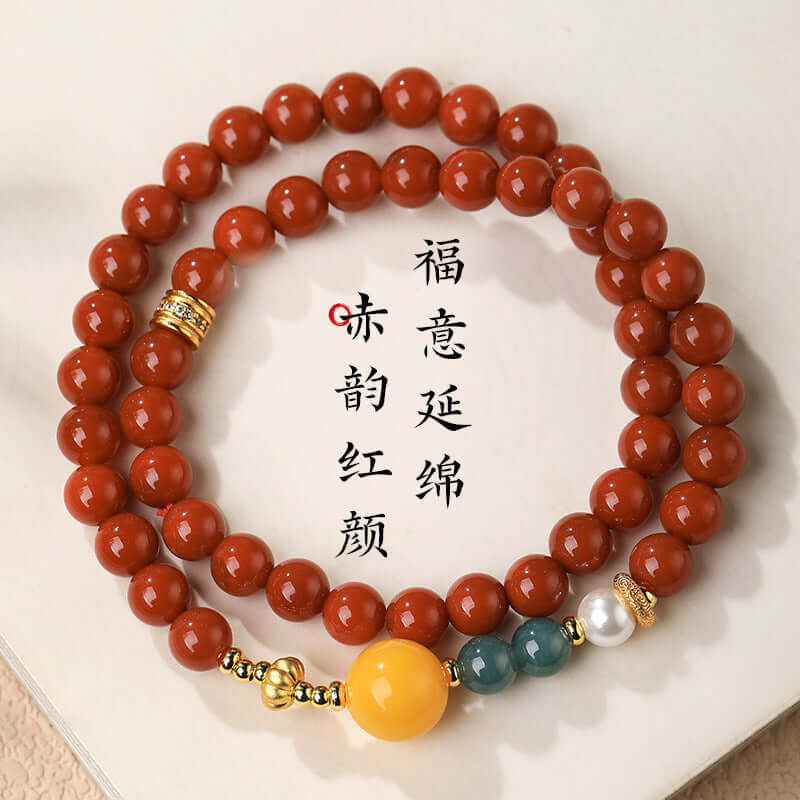 Natural Nanhong Agate Double-Strand Bracelet with Amber & Blue Jade Fortune Beads - ZENHIMA