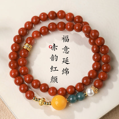 Natural Nanhong Agate Double-Strand Bracelet with Amber & Blue Jade Fortune Beads - ZENHIMA