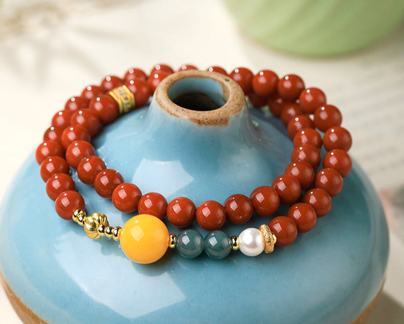 Natural Nanhong Agate Double-Strand Bracelet with Amber & Blue Jade Fortune Beads - ZENHIMA