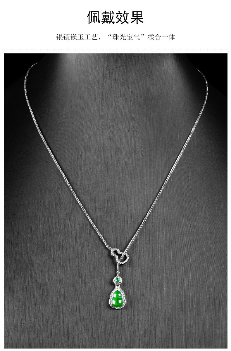 ZenHima Natural Jadeite Gourd Pendant – Vivid Green, S925 Silver Inlaid Ice Jade - ZENHIMA