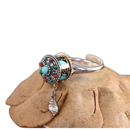 ZenHima Vintage Ethnic Six-Word Mantra Prayer Wheel Silver Ring - ZENHIMA