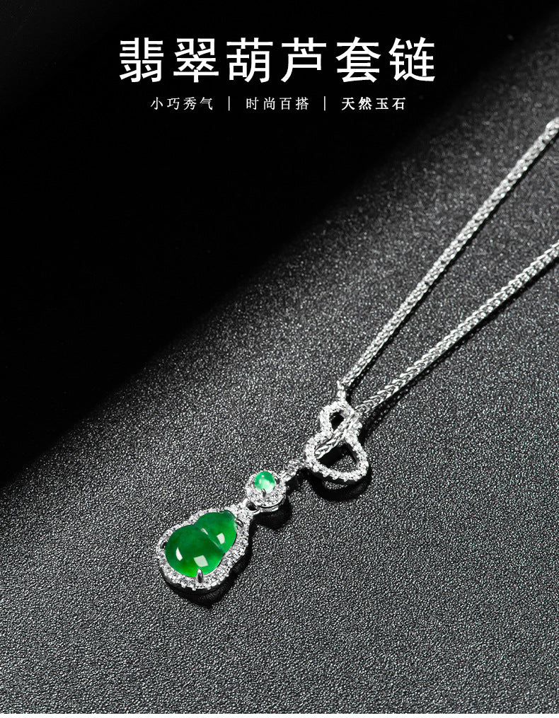 ZenHima Natural Jadeite Gourd Pendant – Vivid Green, S925 Silver Inlaid Ice Jade - ZENHIMA