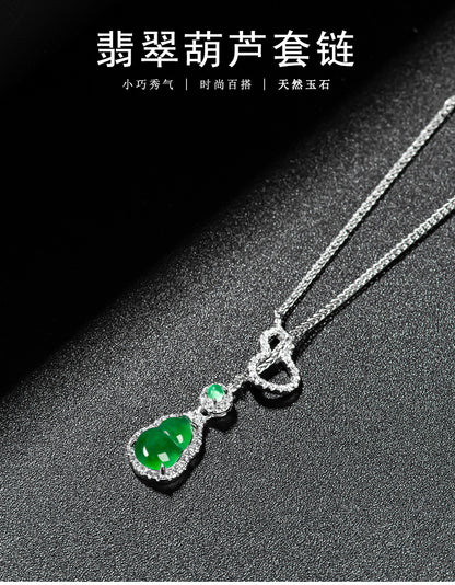 ZenHima Natural Jadeite Gourd Pendant – Vivid Green, S925 Silver Inlaid Ice Jade - ZENHIMA
