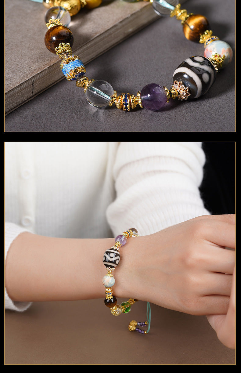 Original Design Dzi Bead Multi-Gem Bracelet with Amethyst Tiger Eye Stone