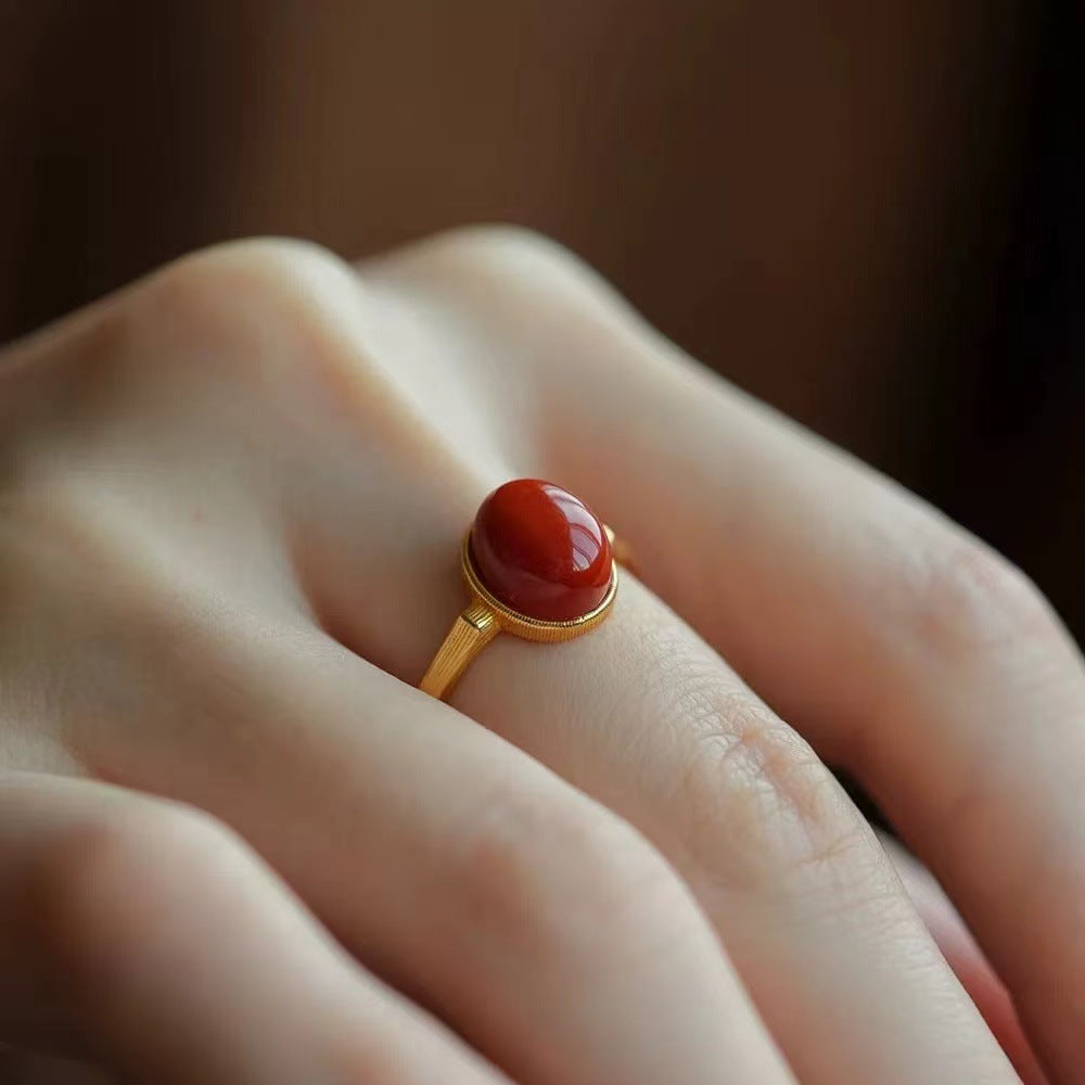 Women’s South Red Agate (Nanhong) Adjustable Ring – Chinese Zodiac Inspired, Pigeon Egg Style - ZENHIMA