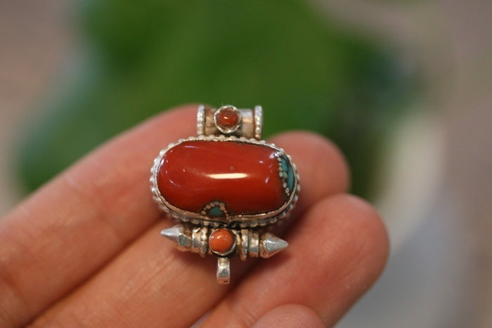 Tibetan Handmade Gau Box Pendant Necklace with Turquoise, Ruby and Silver - ZENHIMA