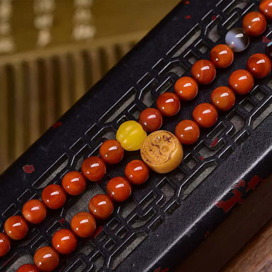 Natural Red Agate Tibetan Necklace with Dzi Beads and Wealth God Cloud Charm - ZENHIMA