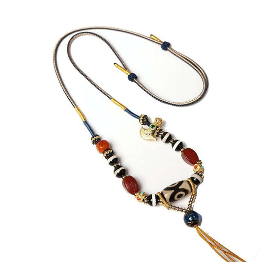 Tibetan Ethnic Style Handwoven Necklace Cord with Agate and Amber Dzi Beads - ZENHIMA