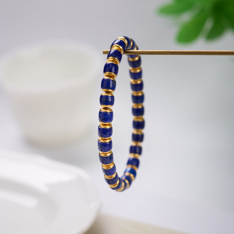 Natural Lapis Lazuli Barrel Bead Bracelet S925 Silver Straight Cut Tablet