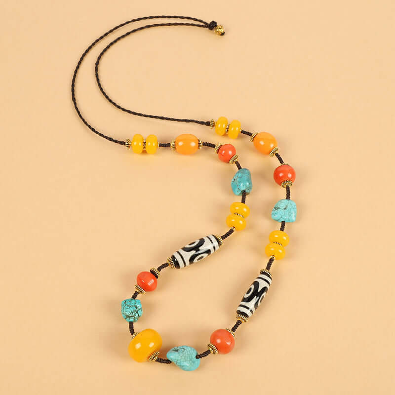 Tibetan Dzi Bead Necklace with Turquoise and Coral – Unisex Tibetan Accessory - ZENHIMA