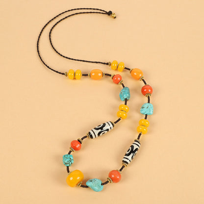 Tibetan Dzi Bead Necklace with Turquoise and Coral – Unisex Tibetan Accessory - ZENHIMA