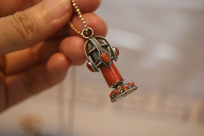 Tibetan Handmade Gau Box Pendant Necklace with Turquoise, Ruby and Silver - ZENHIMA