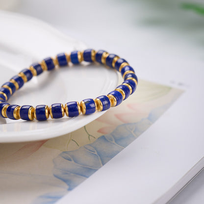 Natural Lapis Lazuli Barrel Bead Bracelet S925 Silver Straight Cut Tablet