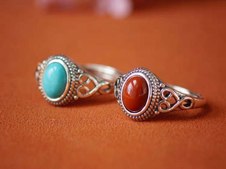 ZenHima 925 Sterling Silver Red Agate and Turquoise Adjustable Vintage Tibetan Ring - ZENHIMA