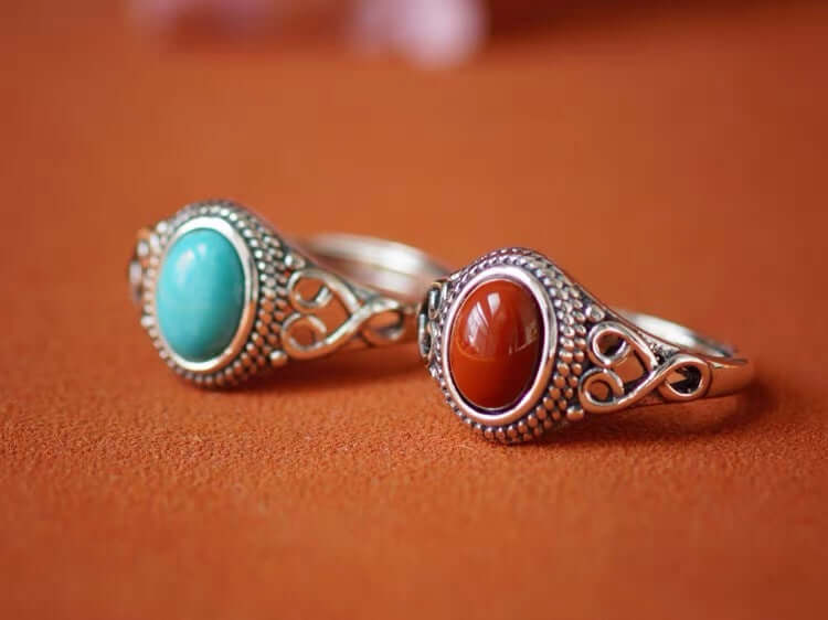 ZenHima 925 Sterling Silver Red Agate and Turquoise Adjustable Vintage Tibetan Ring - ZENHIMA