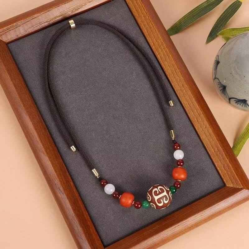 ZenHima Tibetan Agate, Turquoise, and Amber Dzi Bead Necklace