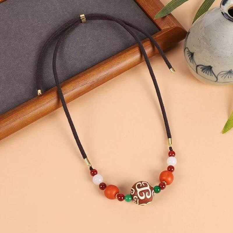 ZenHima Tibetan Agate, Turquoise, and Amber Dzi Bead Necklace