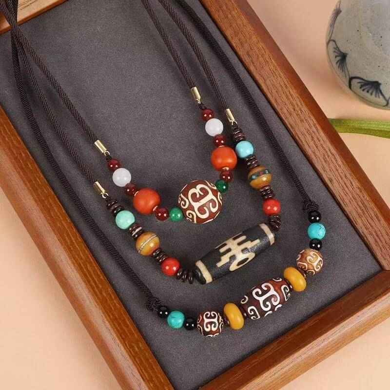 ZenHima Tibetan Agate, Turquoise, and Amber Dzi Bead Necklace