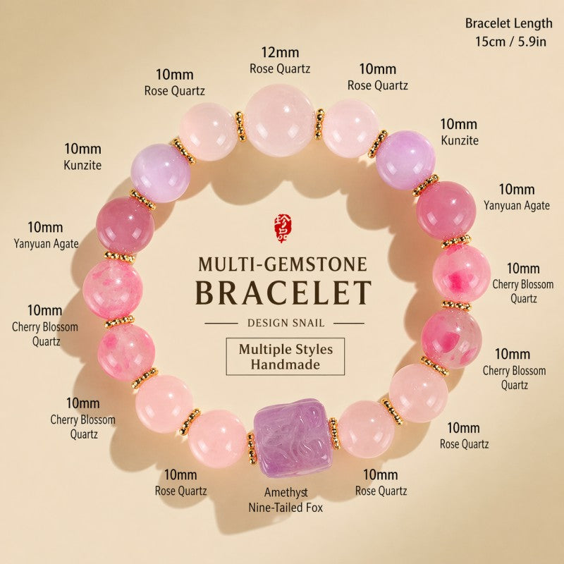 ZenHima Nine-Tailed Fox Amethyst Multi-Gem Beaded Bracelet – Unique Sugar Cube Design - ZENHIMA