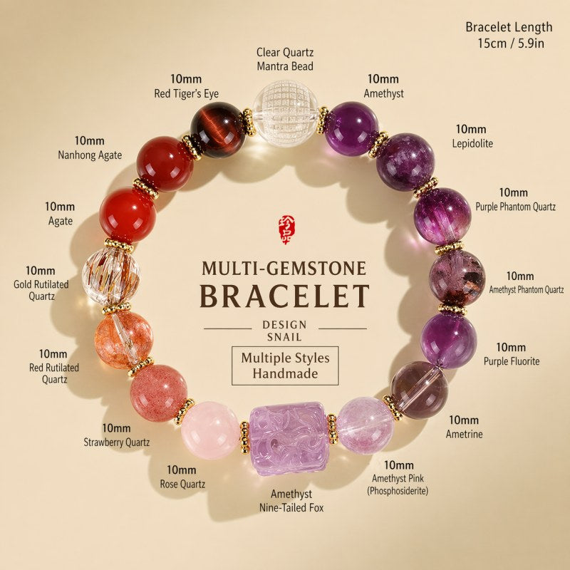 ZenHima Nine-Tailed Fox Amethyst Multi-Gem Beaded Bracelet – Unique Sugar Cube Design - ZENHIMA