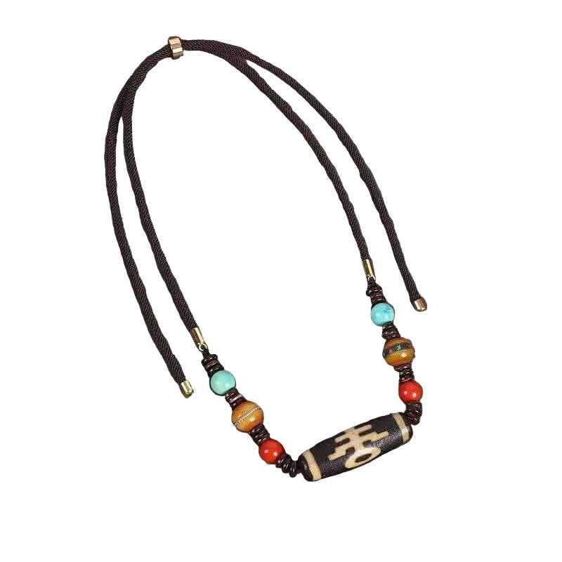 ZenHima Tibetan Agate, Turquoise, and Amber Dzi Bead Necklace