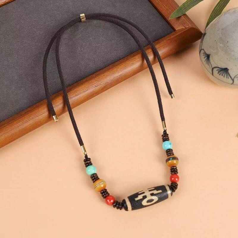 ZenHima Tibetan Agate, Turquoise, and Amber Dzi Bead Necklace