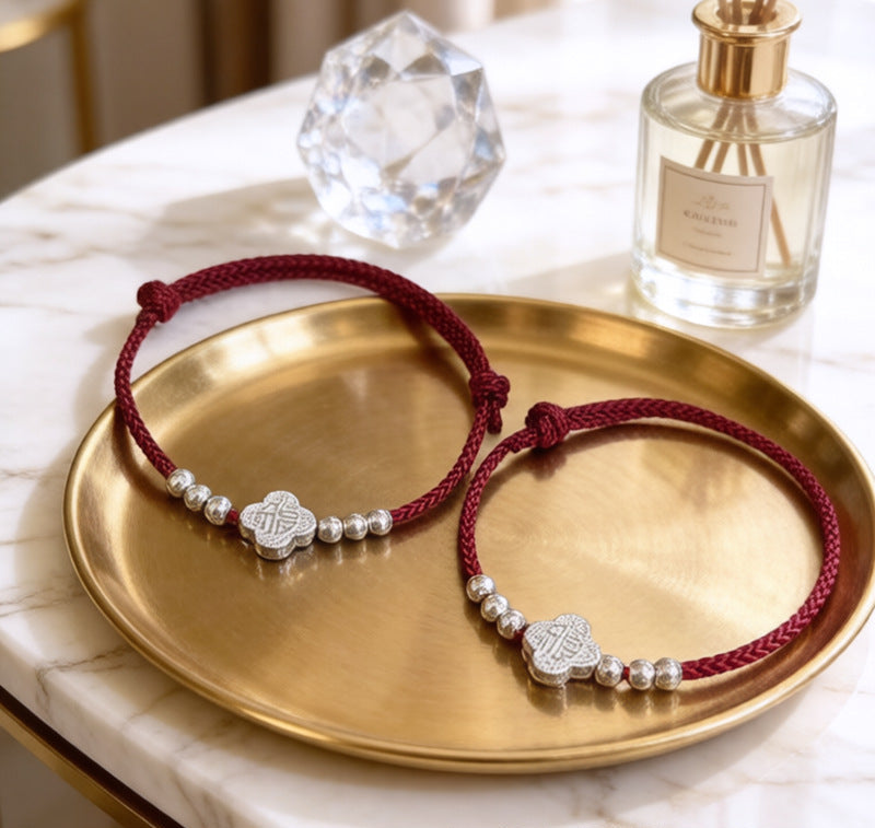 999 Fine Silver Fu Blessing Red String Bracelet with Four Leaf Clover